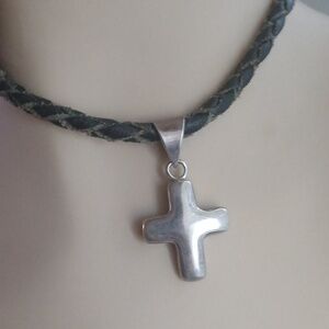 Solid Chunky Cross Sterling Big Bale 6 Grams Vintage 1.5" Braided Leather Cord
